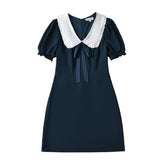 Short Puff Sleeve Bow Detail Dots Print Mini Dress