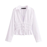 White Ruffle Tied Long Sleeve Women's Blouse
