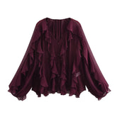 Ruffled Shirt Women Loose Lace Up Tops
