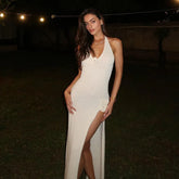 White Knit 3D Flower High Slit Midi Dress