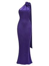 Purple Satin Halter Neck 3D Flower Scarf Maxi Dress