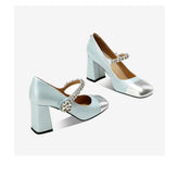 Square Head Diamond Chunky Heels Mary Jane Shoes