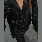 Long Sleeved Silk Geometric Shirt High Waist Pant Set