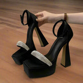 Buckle Strap Crystal Platform Square Heel Shoes