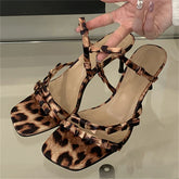 Leopard Narrow Band Thin Low Heels Sandals