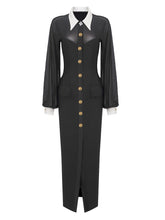 Lapel Mesh Patchwork Button Black Long Dress