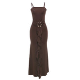 Metal Buckle Ruched Spaghetti Strap Long Dress