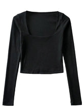 Women Long Sleeves Cotton Ribbed Square Neck Crop Top