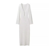 Hollow Out Solid Long Sleeve Maxi Dress