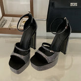 Crystal Open Toe Platform Square Heels Shoes