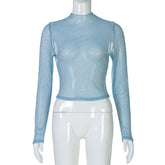 Sheer Mesh Long Sleeve Turtleneck Crop Tops