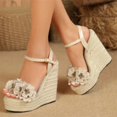 Flowers Weave Platform Wedges High Heels Buckle Strap Shoes