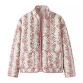 Pink Flower Print Stand neck Quilted Jacket