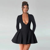 Deep V Long Sleeve Bodycon Mini Dress