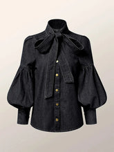 Denim Puff Sleeve High Neck Top