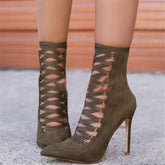 Flock Lace Up High Heels Pointed Toe Boots