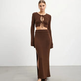 Knit Solid Lace-up Cardigan Top Slit Long Skirt Set