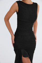 Black Sleeveless Backless Ruffle Midi Dress