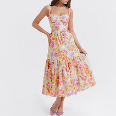 Cream White Floral Layered Midi A-Line Dress