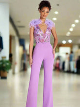 Women Sleeveless Sequins Feathers Lavender Jumpsuit