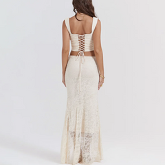 Cream Lace Details Midi Dress Set