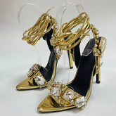Ankle Strap Pointed Toe Crystal High Heeled Shoes