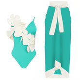 One Piece Floral Lace Up Ruffle Swimming Suit