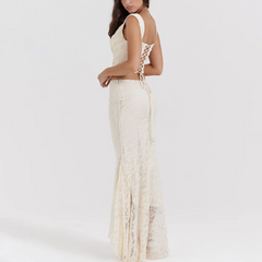 Cream Lace Details Midi Dress Set