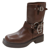 Buckle Strap Mid-Calf PU Thick Heels Boots