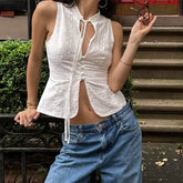 Tie Front Button White Cut Out Sleeveless Top