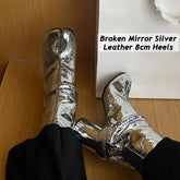 Silver Split Toe Leaher Chunky Heels Booties