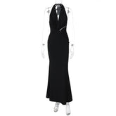 Halter Black Lace Off-shoulder Long Dress