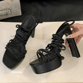 Narrow Band Ankle Lace-up Square Toe Shoes