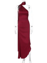 Satin Backless Halter Ribbon Black Maxi Dress