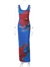Floral Print Blue Sleeveless Backless Long Dress