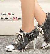 Canvas Lace up Pointed High Thin Heeled Boots