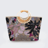 Embroidered Sequin Straw Tote Bag