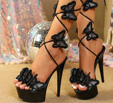 Cross Strap Handmade Embroidery Butterfly Heels