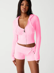 Pink Two-Piece Knit Sweatsuit Shorts Set