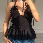 Floral Print/Swiss Dot Tie-Up Halter Backless Tops