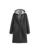 Patchwork Hooded Button Zipper Long Sleeve Coats