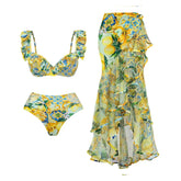 One Piece Swimsuit Floral Ruffle Printed Push-Up Bikini Set