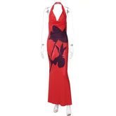Flower Printed Halter Swinging Collar Long Dress