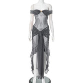 Mesh Ruffled Gray Off-shoulder Long Dress