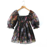 Black Floral Print Square Collar Puff Sleeve Mini Dress