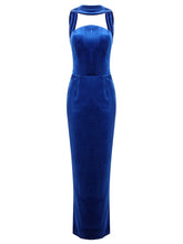 Blue Velvet Halter Sleeveless Maxi Dress