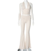 Solid Halter Tie-V Neck Backless Top and Flared Pants Set