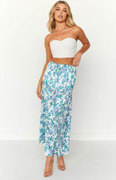 Sweet Satin Blue Floral Maxi Skirt