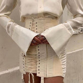 Cream Ripped Lace-up Mini Skirt