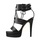 Matte Black Metal Chain High Heels Rivet Buckle Shoes